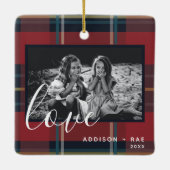 Love Plaid Holiday Custom Photo Red セラミックオーナメント (裏面)