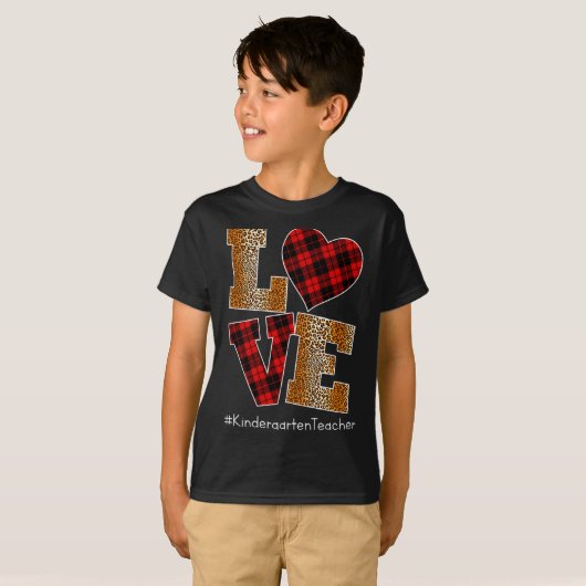 Love Plaid Red Leopard Kindergarten Teacher Valent Tシャツ (正面フル)