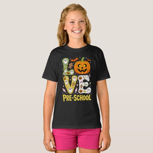 Love Preschool Halloween Teacher Ghost Pumpkin Tシャツ (正面フル)