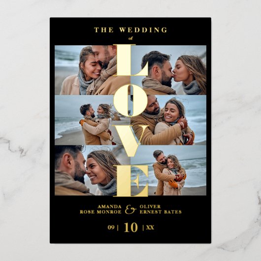 Love Quote Black Trendy Collage Wedding 6 Photos 箔招待状 (正面)