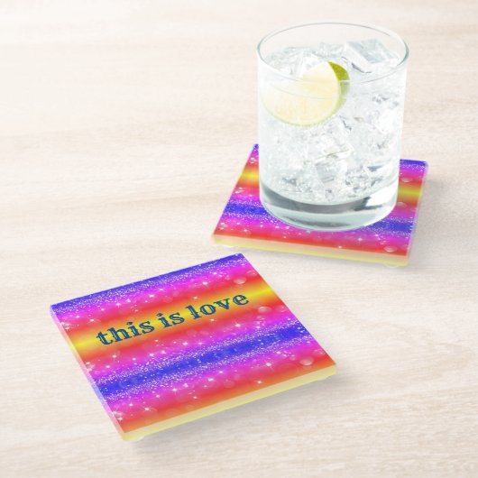 Love Rainbow Sparkle Drinkコースター ガラスコースター (アングル)