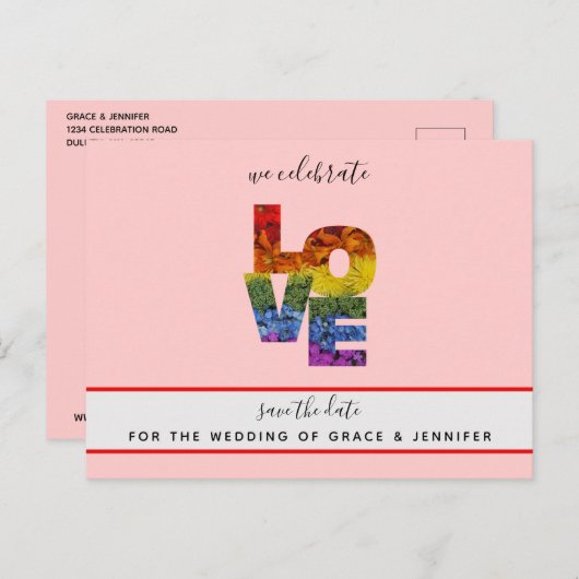 LOVE Redテーマの同性の結婚式Save the Date Pos ポストカード (正面/裏面)