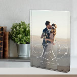 Love script elegant wedding photo overlay custom フォトブロック<br><div class="desc">Personalize this Love heart calligraphy script custom photo block with bride and groom's names and wedding date and place. Could be a perfect keepsake gift for the newlyweds.</div>