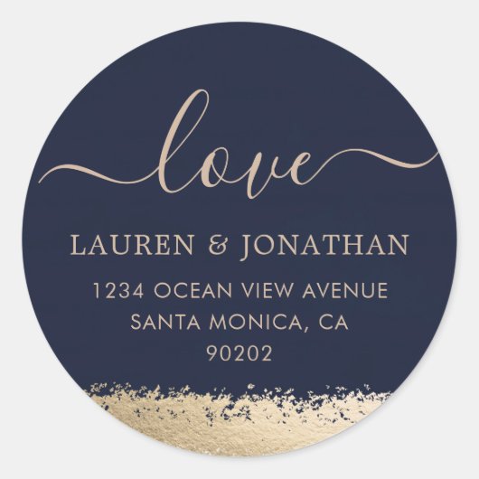 Love Script, Navy and Gold Foil 結婚's ラウンドシール (正面)