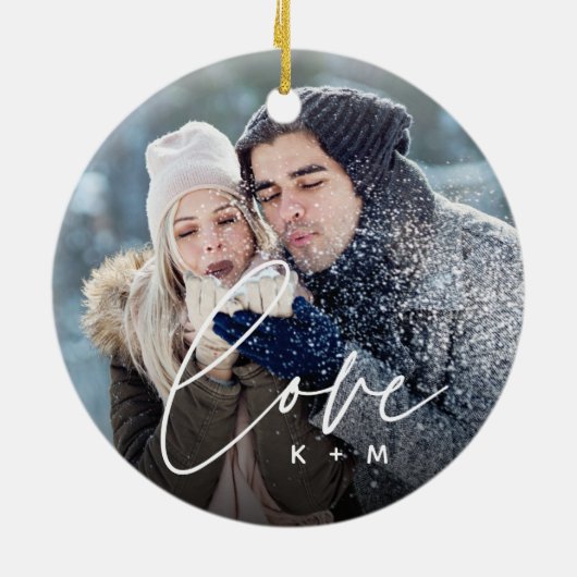 Love Script Overlay写真とイニシャル セラミックオーナメント (裏面)