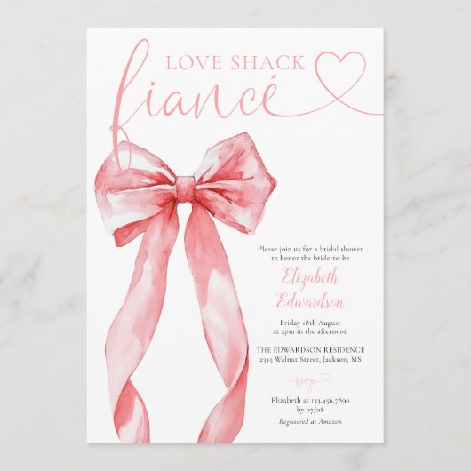 Love Shack Fiance Pink Bow Bridal Shower 招待状 (正面)