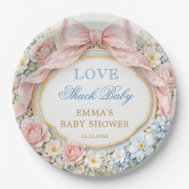 Love Shack Floral Pink Bow Girl Baby Shower ペーパープレート