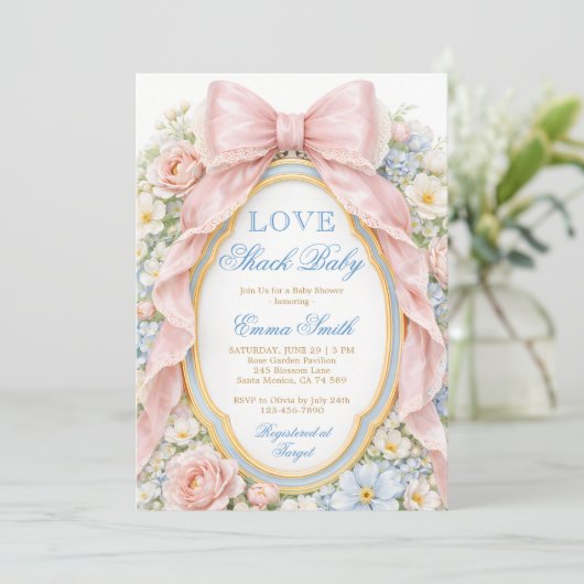 Love Shack Floral Pink Bow Girl Baby Shower 招待状 (スタンド正面)