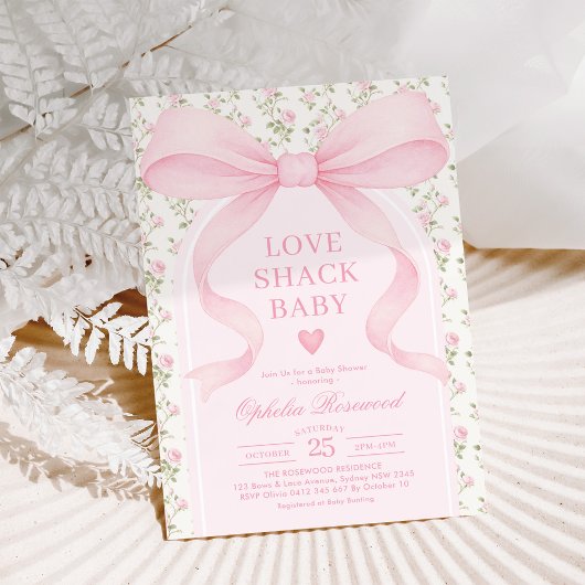 Love Shack Roses Pink Bow Girl Baby Shower 招待状