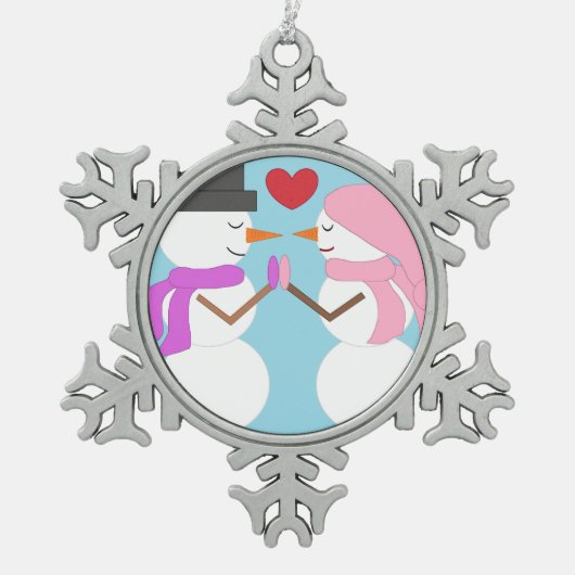 Love & Snowpeople:ライトブルー スノーフレークピューターオーナメント (正面)