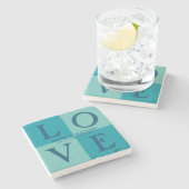 LOVE Squaresターコイズとブルー結婚ズの日付 ストーンコースター (横)