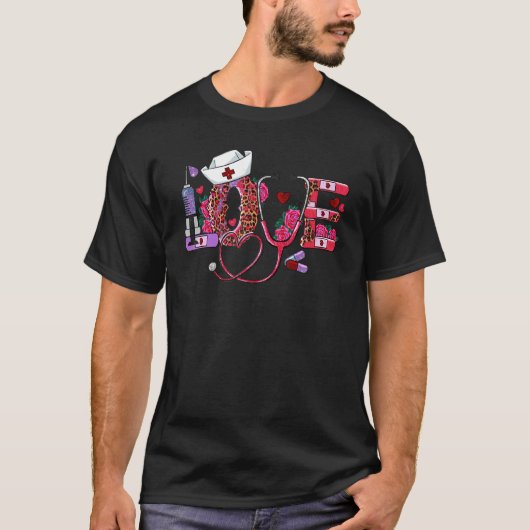 LOVE Stethoscope Nurse Life Valentine Day Leopard  Tシャツ (正面)