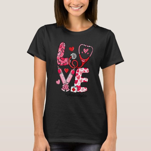 LOVE Stethoscope Syringe School Nurse Life Valenti Tシャツ (正面)