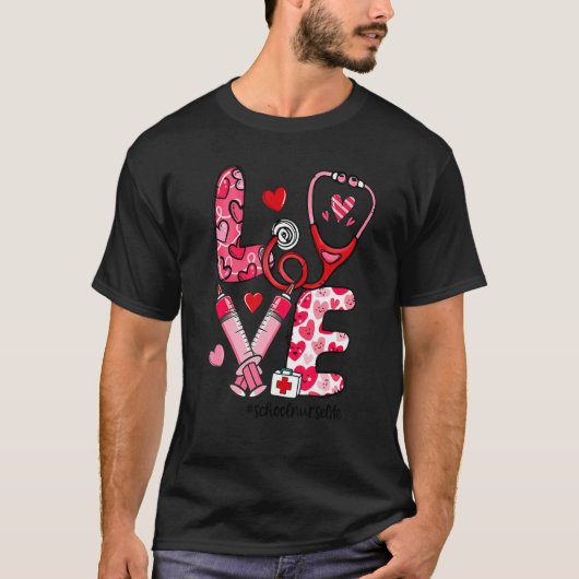 LOVE Stethoscope Syringe School Nurse Life Valenti Tシャツ (正面)