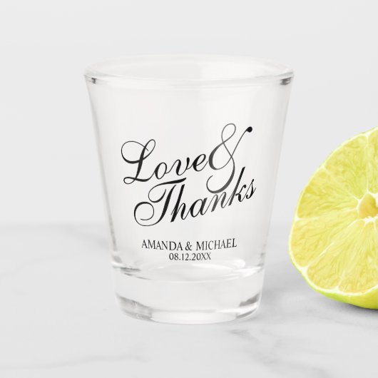 'Love & Thanks'スクリプトエレガント結婚式の引き出物 ショットグラス (正面)