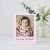 Love & Thanks Blush Pink Baby Photo announcement ポストカード (スタンド正面)