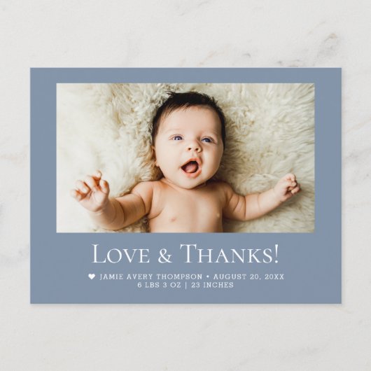 Love & Thanks Dusty blue 1 Baby Photo announcement ポストカード (正面)
