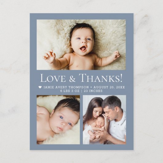 Love & Thanks Dusty blue Baby Photo Collage birth ポストカード (正面)