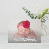 Love & Thanks Heart script Newborn Photo Baby Girl サンキューカード (スタンド正面)