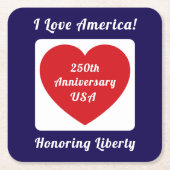 Love the USA Patriotic Red White Blue Heart 250th スクエアペーパーコースター (正面)