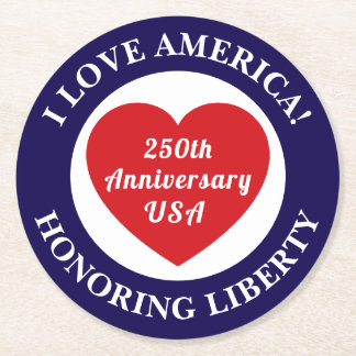 Love the USA Patriotic Red White Blue Heart 250th ラウンドペーパーコースター