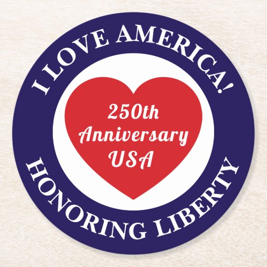 Love the USA Patriotic Red White Blue Heart 250th ラウンドペーパーコースター (正面)