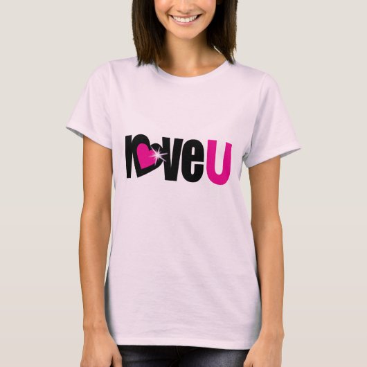 「love U」スパークルホワイトハートブラック&ホットピンクティー Tシャツ (正面)