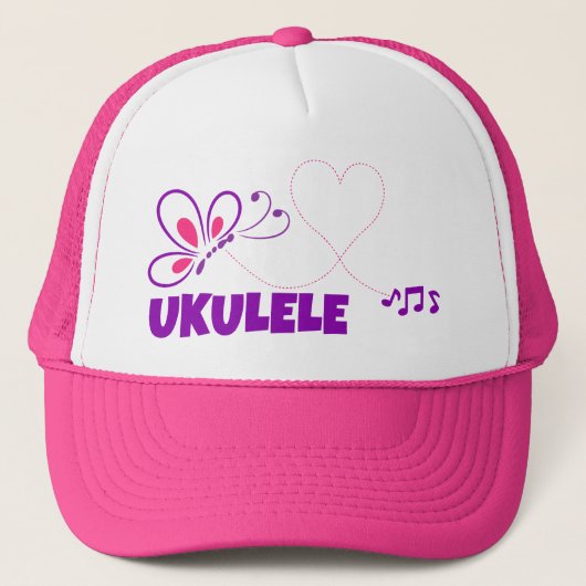Love Ukulele Pink Purple Butterfly Heart キャップ (正面)