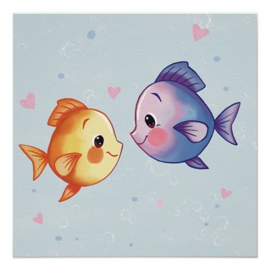 Love Under the Sea – Cute Watercolor Fish Couple ポスター (正面)