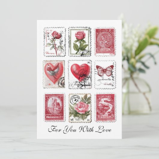 Love Valentine Postal Stamps Ephemera Collage Art カード (スタンド正面)