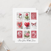 Love Valentine Postal Stamps Ephemera Collage Art カード (正面/裏面インサイチュ)