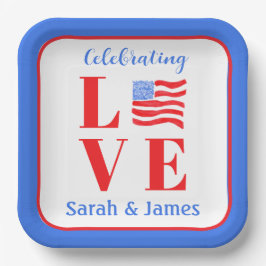 LOVE Watercolor American Flag NAME Bridal  ペーパープレート