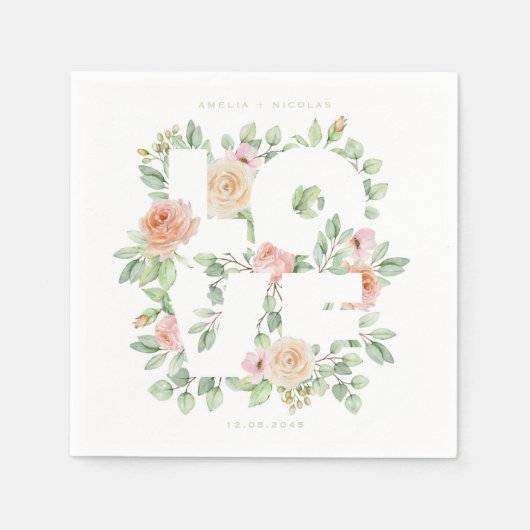 LOVE Watercolor Roses and Greenery Spring Wedding スタンダードカクテルナプキン (正面)