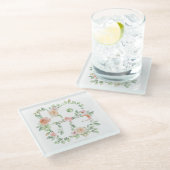 LOVE Watercolor Roses and Greenery Wedding ガラスコースター (アングル)