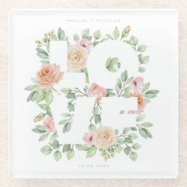 LOVE Watercolor Roses and Greenery Wedding ガラスコースター