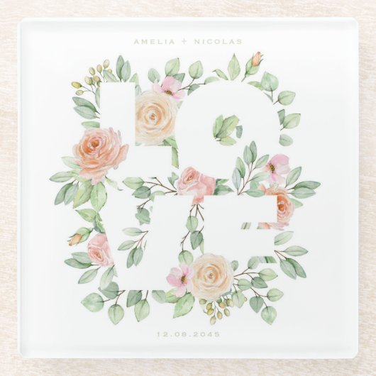 LOVE Watercolor Roses and Greenery Wedding ガラスコースター (正面)