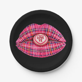 Love Ye Scottish Tartan Kiss Lips Scotland pink ペーパープレート