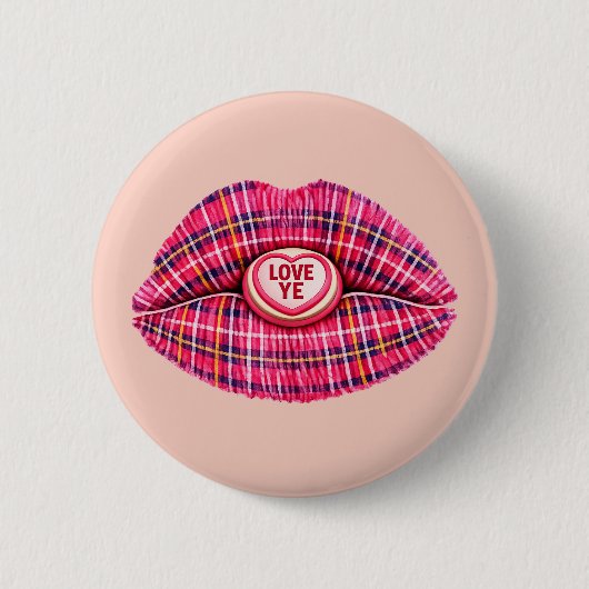 Love Ye Scottish Tartan Kiss Lips Scotland pink 缶バッジ (正面)