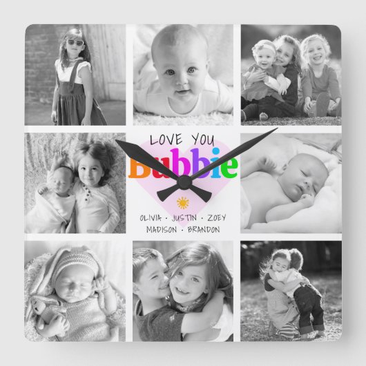 Love You Bubbie カラフル 8モダン Photo Collage スクエア壁時計 (正面)
