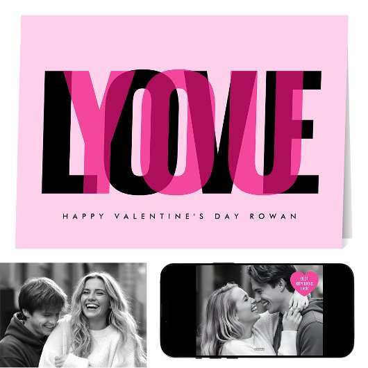 Love You Custom 2 Photo Happy Valentine's Day Pink カード