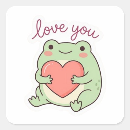 Love You Frog Sticker Cute Frog Heart Soft Aesthet スクエアシール (正面)