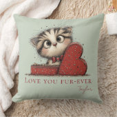 Love You Fur-Ever Cute Cat Sage Green Throw Pillow クッション (ブランケット)