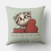 Love You Fur-Ever Cute Cat Sage Green Throw Pillow クッション (裏面)