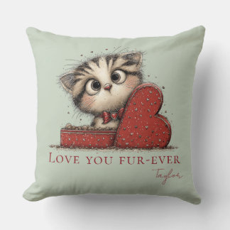 Love You Fur-Ever Cute Cat Sage Green Throw Pillow クッション