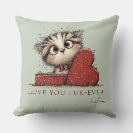 Love You Fur-Ever Cute Cat Sage Green Throw Pillow クッション (正面)