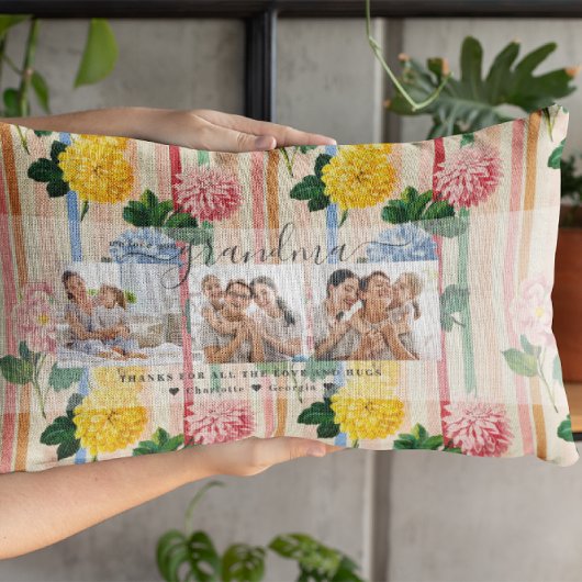 Love You Grandma | Floral Three Photo Collage ランバークッション