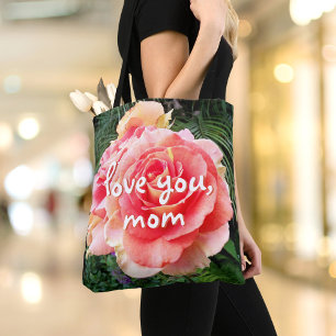 Love You MomスクリプトPink Roseフラワーフォトモダン トートバッグ