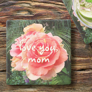 Love You Mom Pink Roseフラワーフォトスクリプトスタイリッシュ ストーンコースター