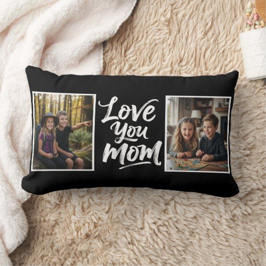 Love You Mom Two Photo Brush Script Keepsake black ランバークッション (ブランケット)