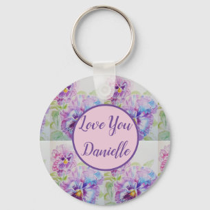 Love You Name Purple Pansy Watercolour Key Ring キーホルダー